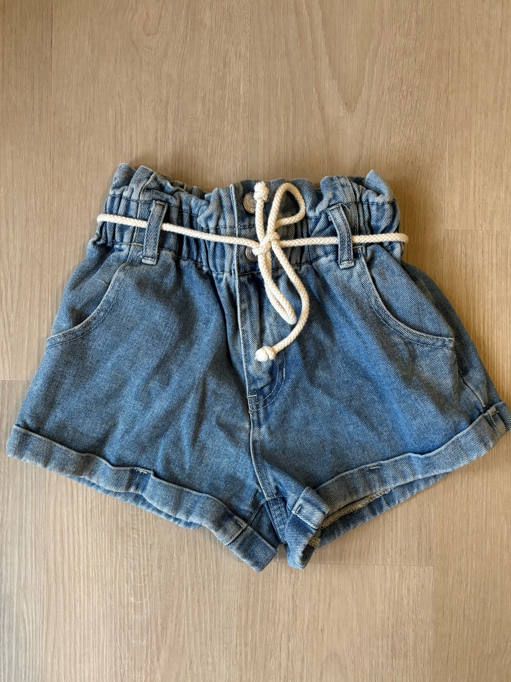 PacSun Women's Light Blue Denim Paperbag Shorts with Rope Belt